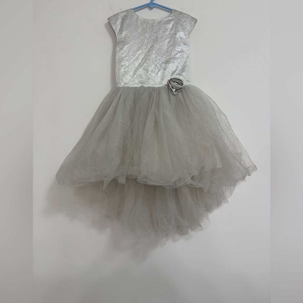 Halabaloo Silver and Gray Formal Dress with High-Low Tulle Skirt